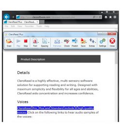 ClaroRead Plus Screenshot of Toolbar and Internet Explorer
